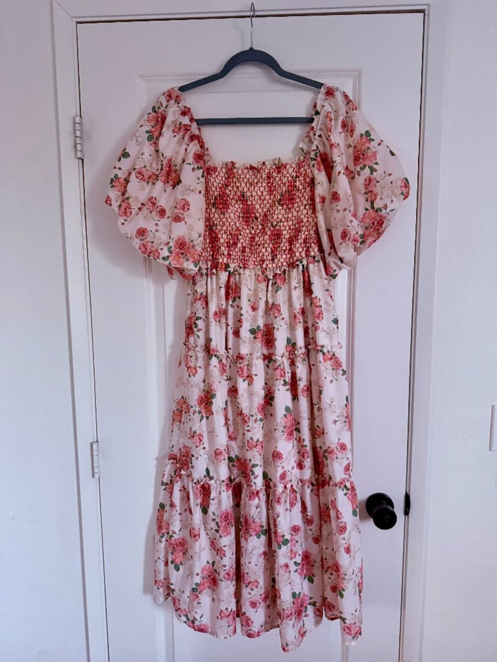 Pink Floral Smocked Puff Sleeve Midi Dress